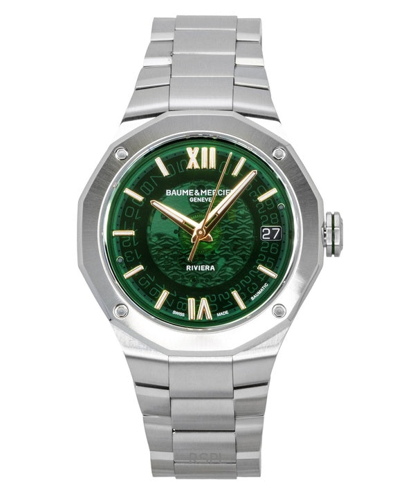 Montre homme Baume &amp; Mercier Riviera en acier inoxydable, cadran vert, automatique M0A10770, étanche à 100 m