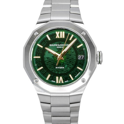 Montre homme Baume &amp; Mercier Riviera en acier inoxydable, cadran vert, automatique M0A10770, étanche à 100 m