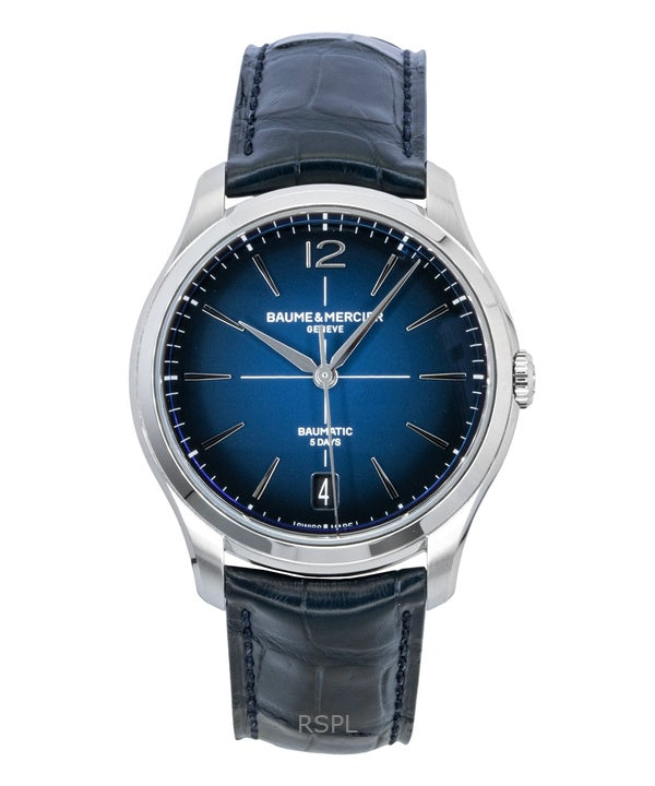 Montre homme Baume &amp; Mercier Clifton, bracelet cuir, cadran bleu, automatique M0A10771