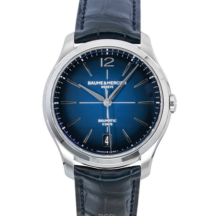 Montre homme Baume &amp; Mercier Clifton, bracelet cuir, cadran bleu, automatique M0A10771
