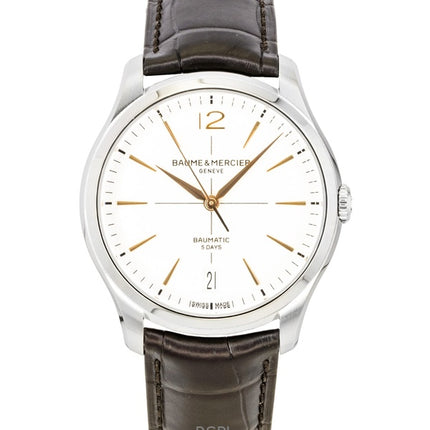 Montre homme Baume &amp; Mercier Clifton, bracelet cuir, cadran blanc cassé, automatique M0A10773