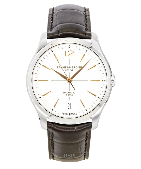 Montre homme Baume &amp; Mercier Clifton, bracelet cuir, cadran blanc cassé, automatique M0A10773