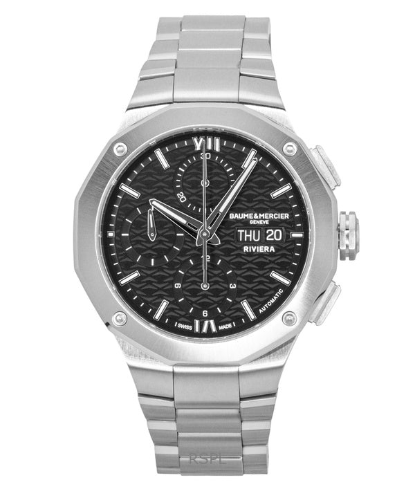 Montre homme Baume &amp; Mercier Riviera Chronographe, boîtier en acier inoxydable, cadran noir, automatique, référence M0A10825, étanche à 100 m