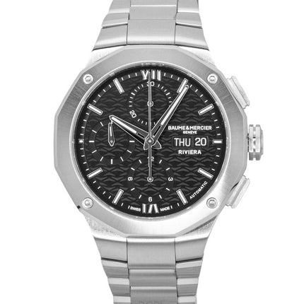 Montre homme Baume &amp; Mercier Riviera Chronographe, boîtier en acier inoxydable, cadran noir, automatique, référence M0A10825, étanche à 100 m