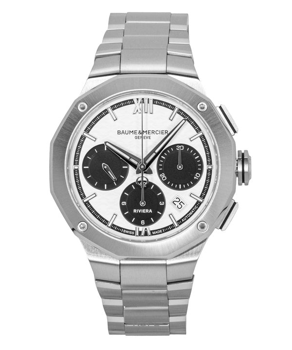 Montre homme Baume &amp; Mercier Riviera Chronographe, acier inoxydable, cadran blanc, automatique M0A10827, étanche à 100 m