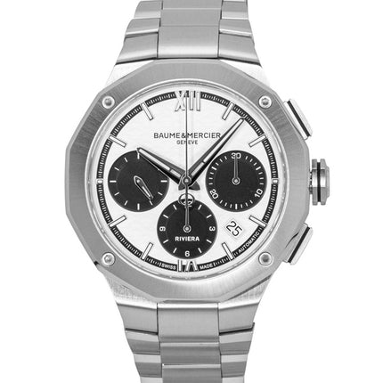 Montre homme Baume &amp; Mercier Riviera Chronographe, acier inoxydable, cadran blanc, automatique M0A10827, étanche à 100 m