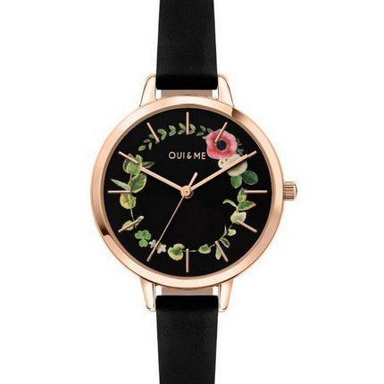 Oui &amp, Me Petite Fleurette Cadran Noir Bracelet En Cuir Quartz ME010007 Montre Femme