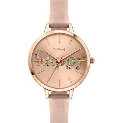 Montre pour femme Oui &amp, Me Petite Fleurette en or rose avec cadran soleillé et bracelet en cuir à quartz ME010009
