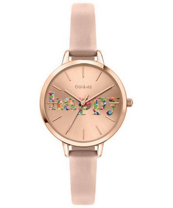 Montre pour femme Oui &amp, Me Petite Fleurette en or rose avec cadran soleillé et bracelet en cuir à quartz ME010009