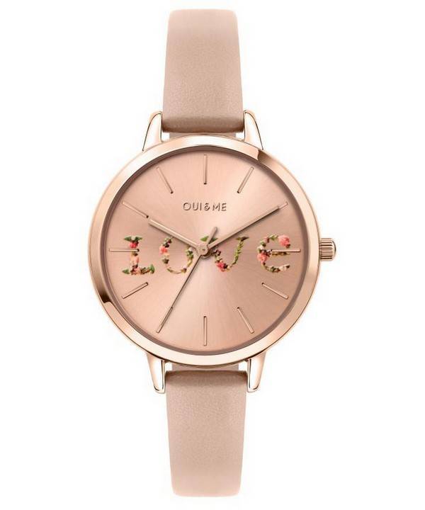 Montre Femme Oui &amp, Me Fleurette Or Rose Sunray Dial Bracelet Cuir Quartz ME010018