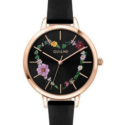 Montre Femme Oui &amp, Me Grande Fleurette Cadran Noir Bracelet Cuir Quartz ME010030