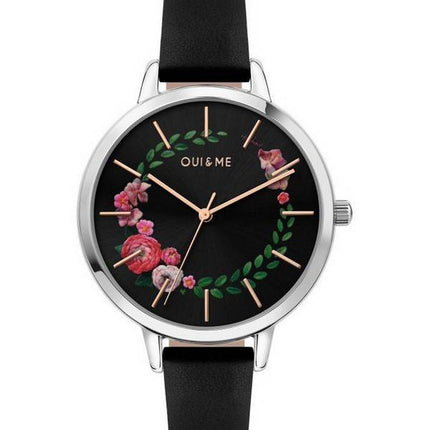 Montre Femme Oui &amp, Me Grande Fleurette Cadran Noir Bracelet Cuir Quartz ME010033