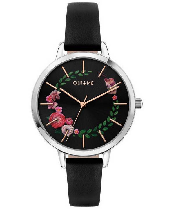 Montre Femme Oui &amp, Me Grande Fleurette Cadran Noir Bracelet Cuir Quartz ME010033