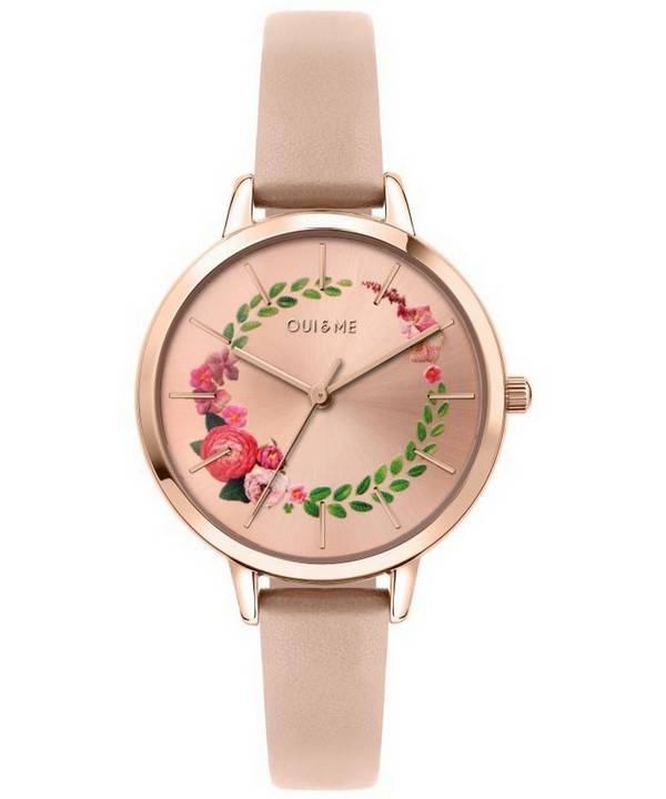 Montre Femme Oui &amp, Me Fleurette Or Rose Cadran Sunray Bracelet en Cuir Quartz ME010038