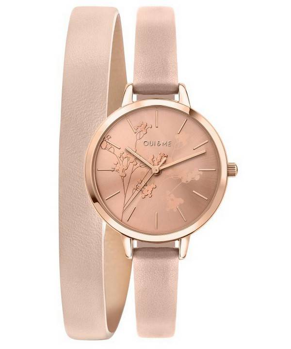Montre pour femme Oui &amp, Me Petite Amourette en or rose avec cadran soleillé et bracelet en cuir à quartz ME010049