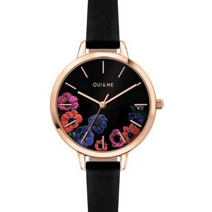 Montre Femme Oui &amp, Me Petite Fleurette Cadran Noir Bracelet Cuir Quartz ME010059