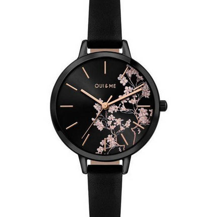 Oui &amp, Me Petite Fleurette Cadran Noir Bracelet en Cuir Quartz ME010065 Montre Femme