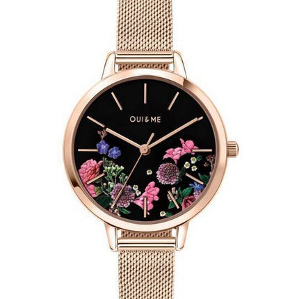 Montre Femme Oui &amp, Me Fleurette Cadran Noir Or Rose Acier Inoxydable Quartz ME010075