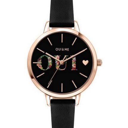 Montre Femme Oui &amp, Me Fleurette Cadran Noir Bracelet Cuir Quartz ME010079