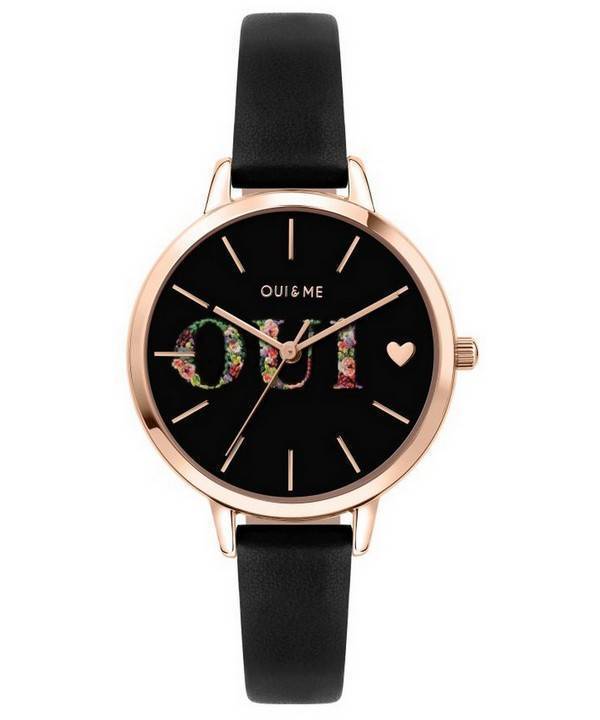Montre Femme Oui &amp, Me Fleurette Cadran Noir Bracelet Cuir Quartz ME010079