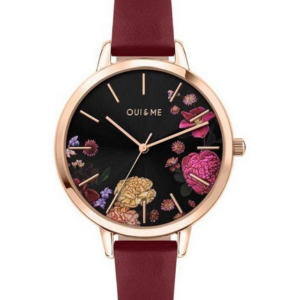 Montre Femme Oui &amp, Me Grande Fleurette Cadran Noir Bracelet Cuir Quartz ME010086
