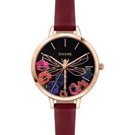 Montre Femme Oui &amp, Me Petite Fleurette Cadran Noir Bracelet Cuir Quartz ME010093