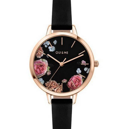Oui &amp, Me Petite Fleurette Cadran Noir Bracelet en Cuir Quartz ME010097 Montre Femme