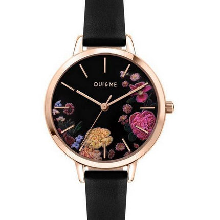 Montre Femme Oui &amp, Me Fleurette Cadran Noir Bracelet Cuir Quartz ME010101