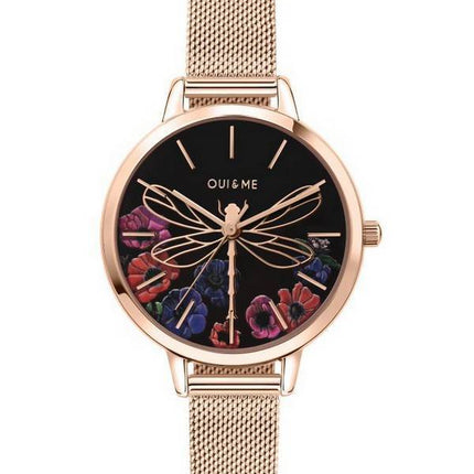 Montre Femme Oui &amp, Me Fleurette Cadran Noir Or Rose Acier Inoxydable Quartz ME010102