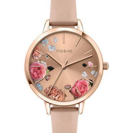 Montre pour femme Oui &amp, Me Grande Fleurette en or rose avec cadran soleillé et bracelet en cuir à quartz ME010108