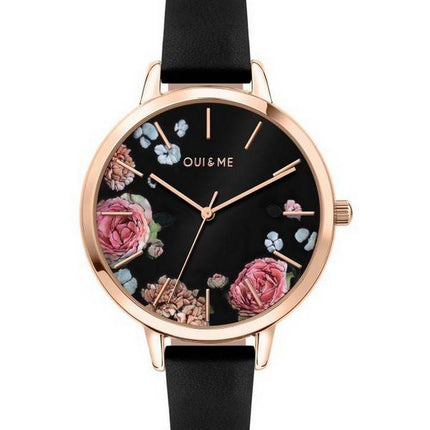 Montre Femme Oui &amp, Me Grande Fleurette Cadran Noir Bracelet Cuir Quartz ME010109