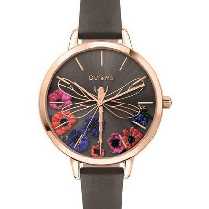 Montre Femme Oui &amp, Me Grande Fleurette Cadran Gris Foncé Bracelet Cuir Quartz ME010111
