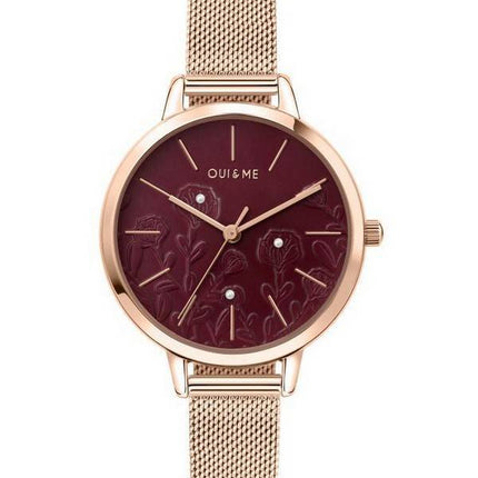 Montre Femme Oui &amp, Me Fleurette Bordeaux Sunray Cadran Or Rose Acier Inoxydable Quartz ME010128