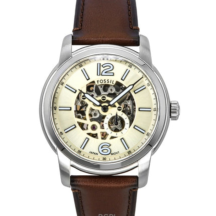 Montre homme Fossil Heritage ME3264, bracelet en cuir marron, cadran squelette crème, automatique