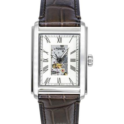 Montre homme Fossil Carraway ME3272, bracelet en cuir façon croco, cadran beige à cœur ouvert, automatique