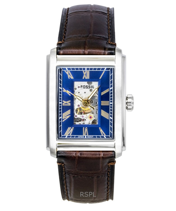 Montre homme Fossil Carraway ME3273 avec bracelet en cuir façon crocodile, cadran bleu et mouvement automatique à cœur ouvert