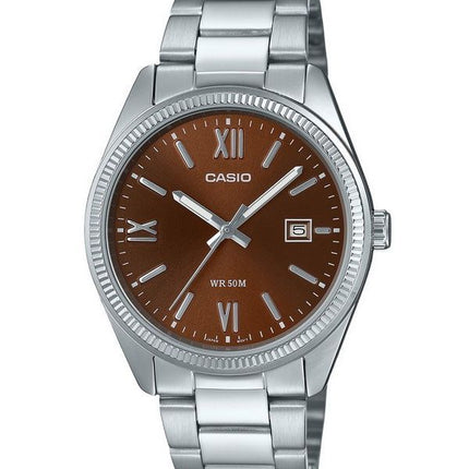 Montre analogique Casio Standard pour homme en acier inoxydable plaqué ionique avec cadran marron et quartz MTP-1302DD-5AV