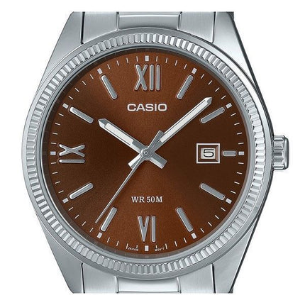 Montre analogique Casio Standard pour homme en acier inoxydable plaqué ionique avec cadran marron et quartz MTP-1302DD-5AV