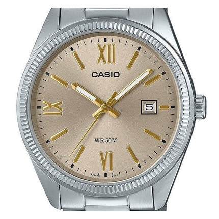Montre analogique Casio Standard en acier inoxydable plaqué ionique avec cadran beige à quartz MTP-1302DD-9AV pour homme
