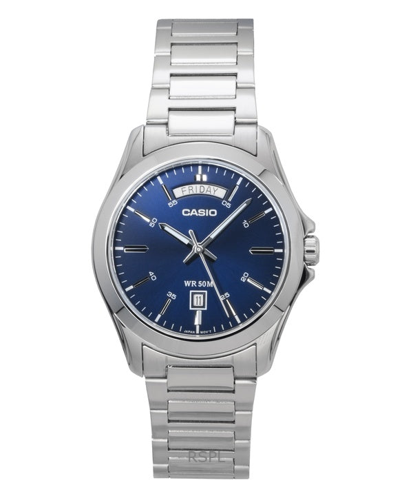 Montre analogique Casio Standard pour homme, acier inoxydable, cadran bleu, quartz, MTP-1370D-2A2V