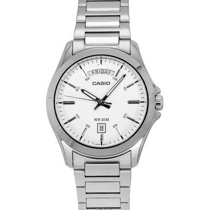 Montre analogique Casio Standard pour homme, acier inoxydable, cadran blanc, quartz, MTP-1370D-7A3V