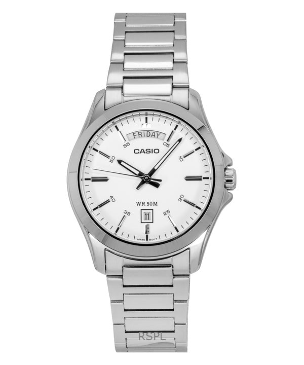Montre analogique Casio Standard pour homme, acier inoxydable, cadran blanc, quartz, MTP-1370D-7A3V