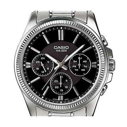 Montre Casio Enticer analogique en acier inoxydable avec cadran noir et quartz MTP-1375D-1AV pour homme