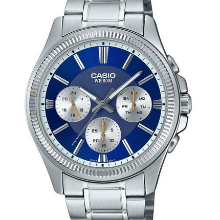 Montre Casio Enticer analogique en acier inoxydable avec cadran bleu et quartz MTP-1375D-2A1 pour homme