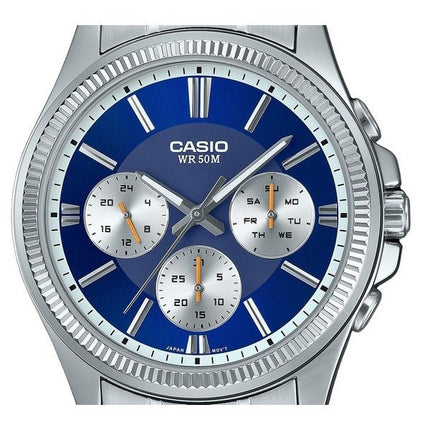 Montre Casio Enticer analogique en acier inoxydable avec cadran bleu et quartz MTP-1375D-2A1 pour homme