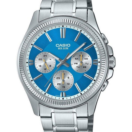 Montre Casio Enticer analogique en acier inoxydable avec cadran bleu glace et quartz MTP-1375D-2A2 pour homme