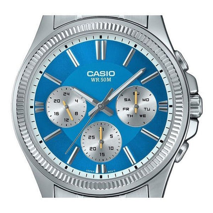 Montre Casio Enticer analogique en acier inoxydable avec cadran bleu glace et quartz MTP-1375D-2A2 pour homme