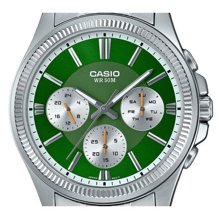 Montre Casio Enticer analogique en acier inoxydable avec cadran vert et quartz MTP-1375D-3 pour homme