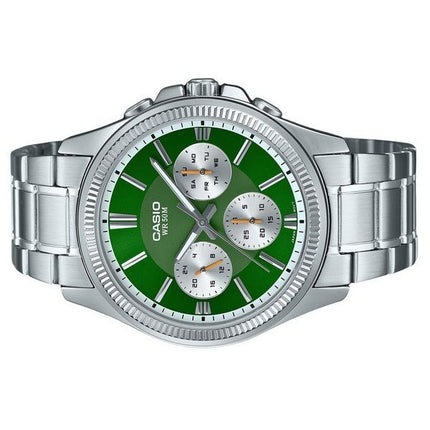 Montre Casio Enticer analogique en acier inoxydable avec cadran vert et quartz MTP-1375D-3 pour homme