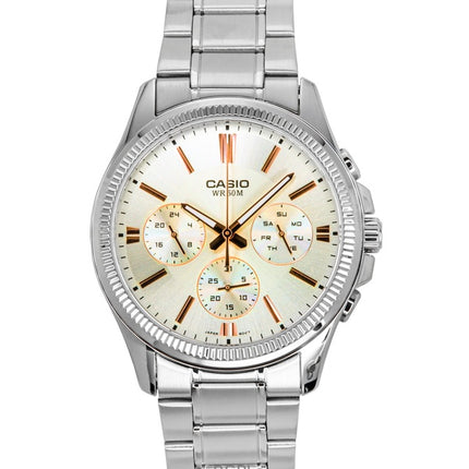 Montre analogique à quartz Casio Enticer pour homme, en acier inoxydable, cadran argenté, MTP-1375D-7A2V